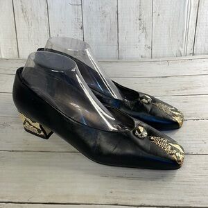 Vintage Bellini Black Leather and Reptile Button Low Heel Pump